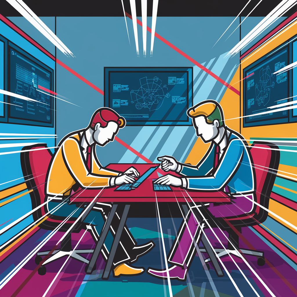 Zwei stilisierte Männer in einem modernen Büro mit digitalen Bildschirmen