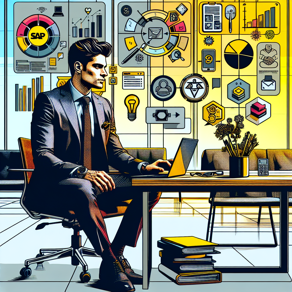 Ein Business-Mann in einem modernen Büro arbeitet am Laptop mit zahlreichen visuellen Daten- und Geschäftsgrafiken im Hintergrund.