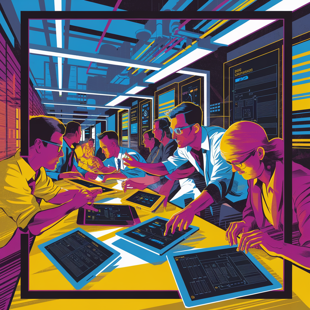 Menschen arbeiten an Tablets in einem futuristischen Kontrollraum