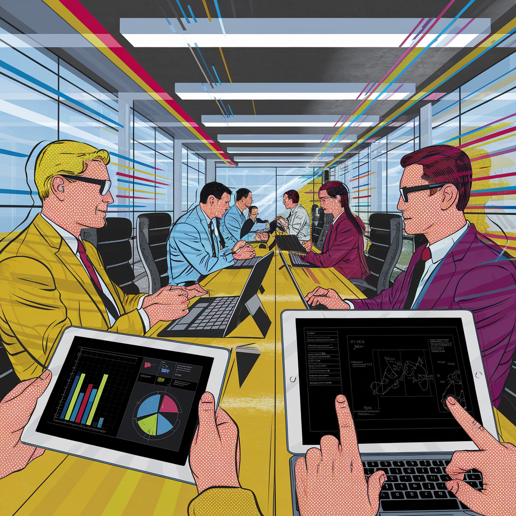 Illustration einer modernen Geschäftssitzung in einem Konferenzraum mit Technologieeinsatz.