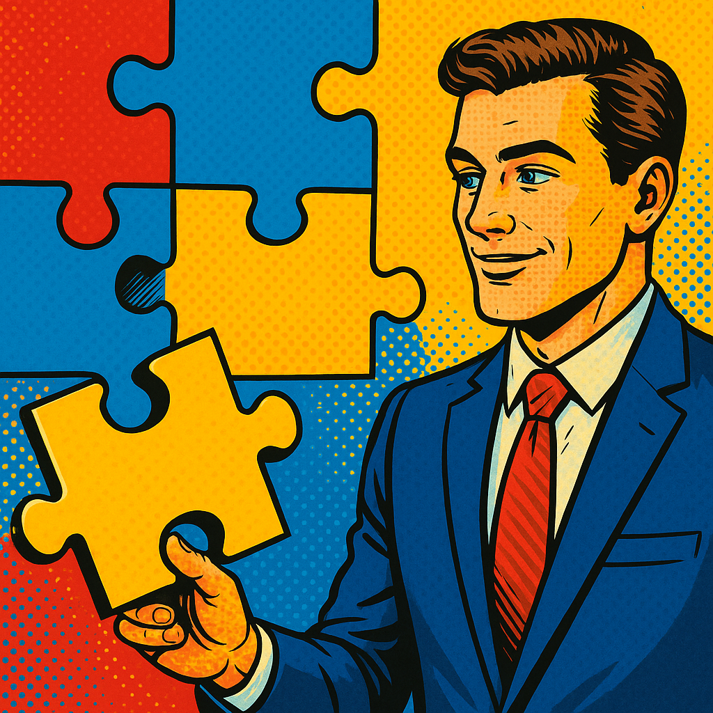 Mann im Retro-Pop-Art-Stil im Anzug hält ein großes Puzzleteil vor einem farbenfrohen Hintergrund mit weiteren Puzzleteilen