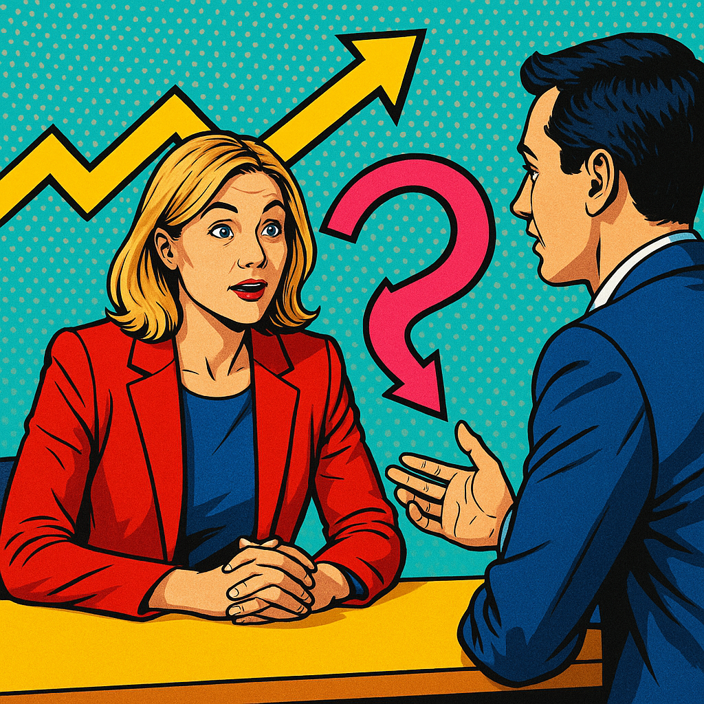 Geschäftsgespräch zwischen einer Frau und einem Mann im Pop-Art-Stil, mit Wachstumskurven und einem Fragezeichen im Hintergrund