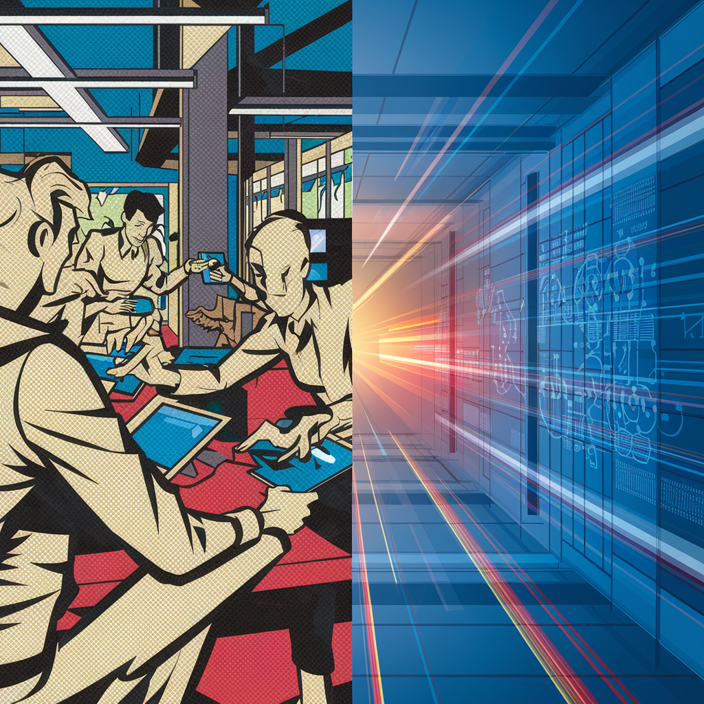 Illustration von Personen, die an Tablets arbeiten und ein digitaler Datenstrom