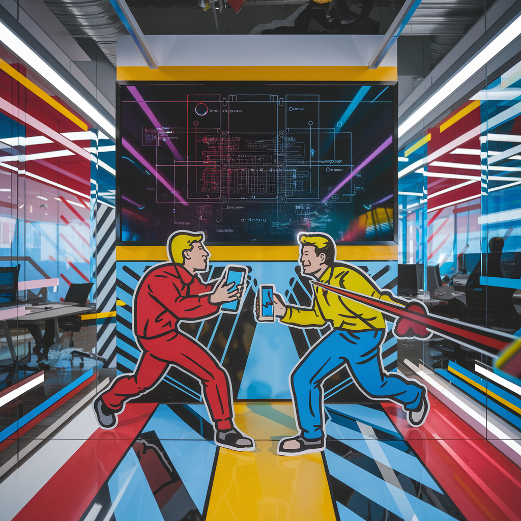 Farbenfroher Büroraum mit auffälligem Comic-Wandgemälde