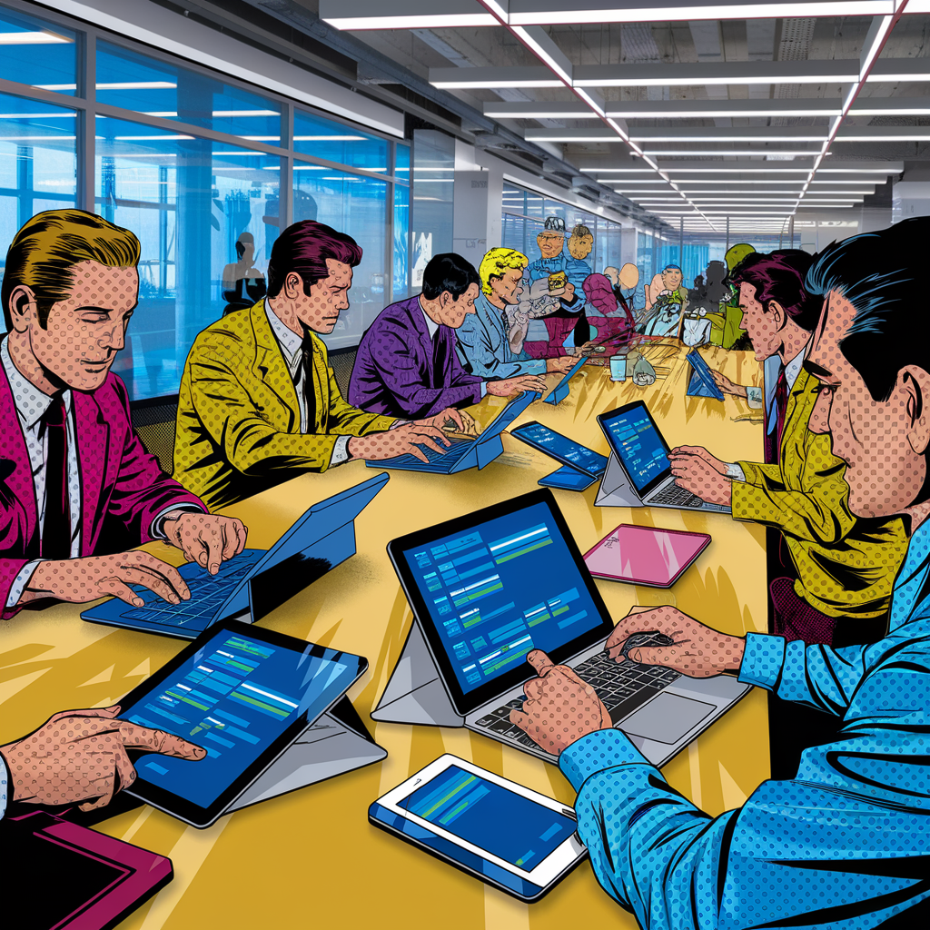 Comic-Stil Illustration von mehreren Personen in einem Büro, die an Laptops und Tablets arbeiten.
