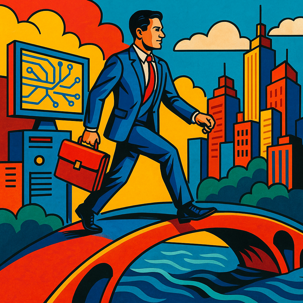 Illustration eines Geschäftsmannes im Anzug, der mit Aktentasche in der Hand auf einer roten Brücke über einen Fluss geht, mit einem Computer, der ein digitales Schaltbild zeigt, und einer Skyline von Hochhäusern im Hintergrund