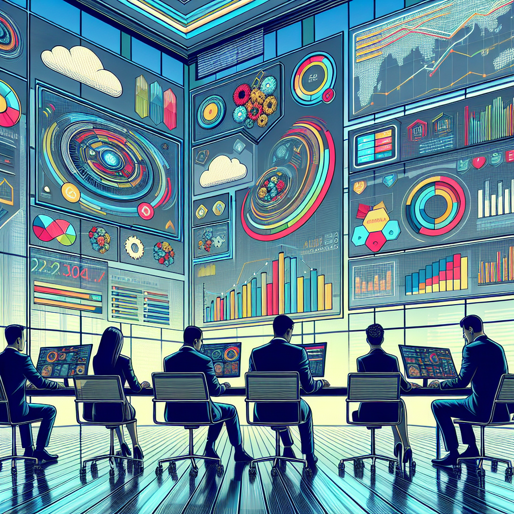 Modernes Büro mit Geschäftsleuten, die vor großen Bildschirmen mit Datenanalysen sitzen