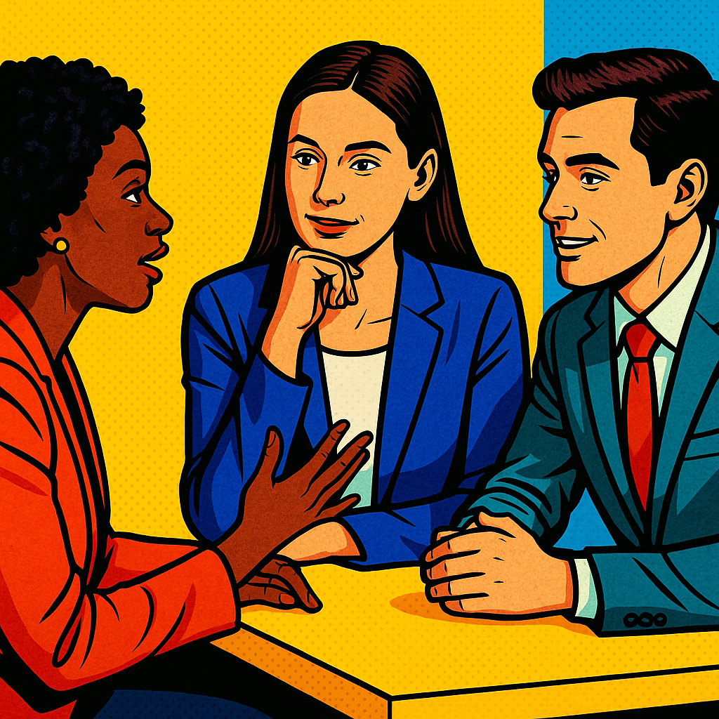 Drei Geschäftspersonen in einem Gespräch am Tisch, stilisiert im Pop-Art-Stil.
