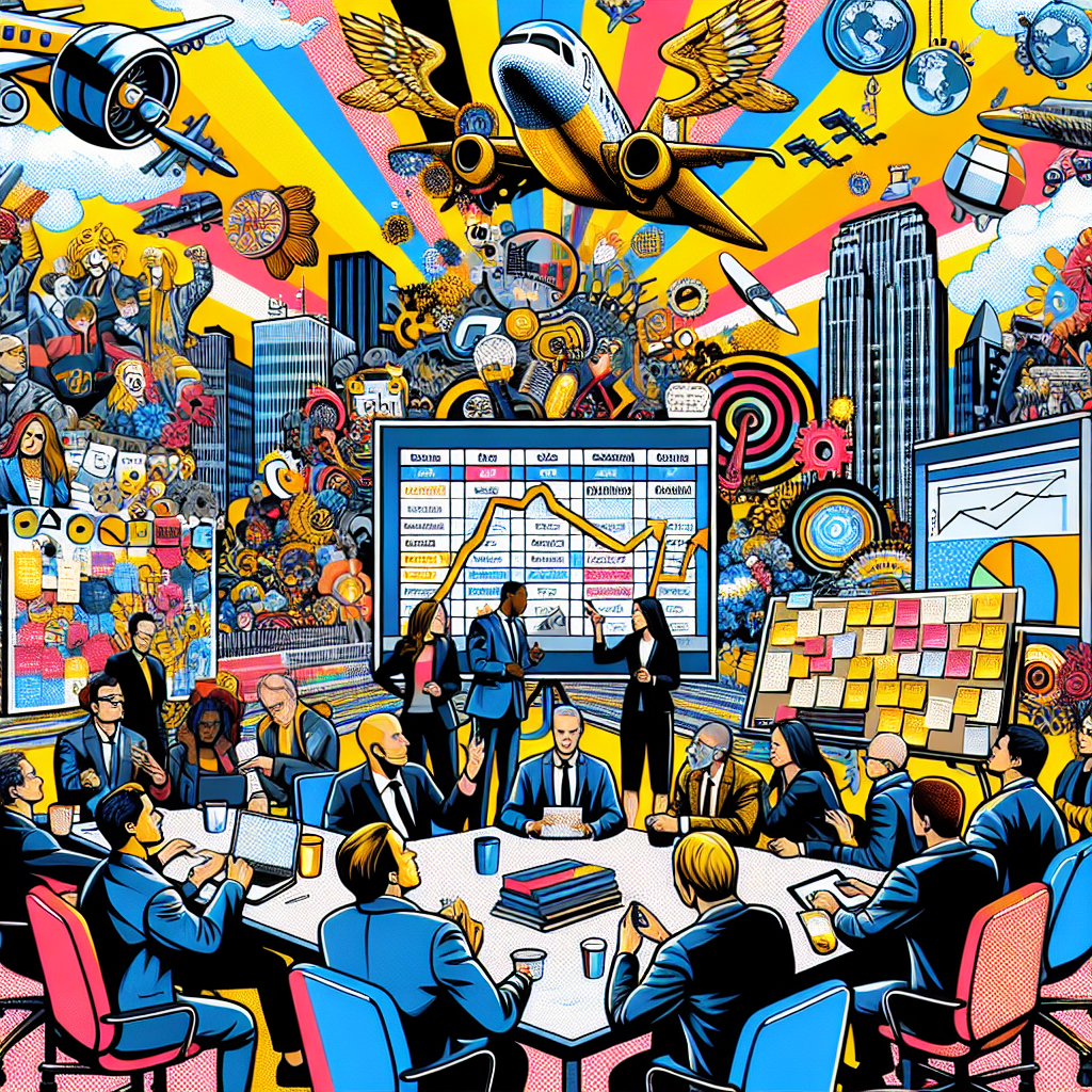 Futuristisches Geschäftstreffen mit bunter Landschaft und fliegenden Objekten