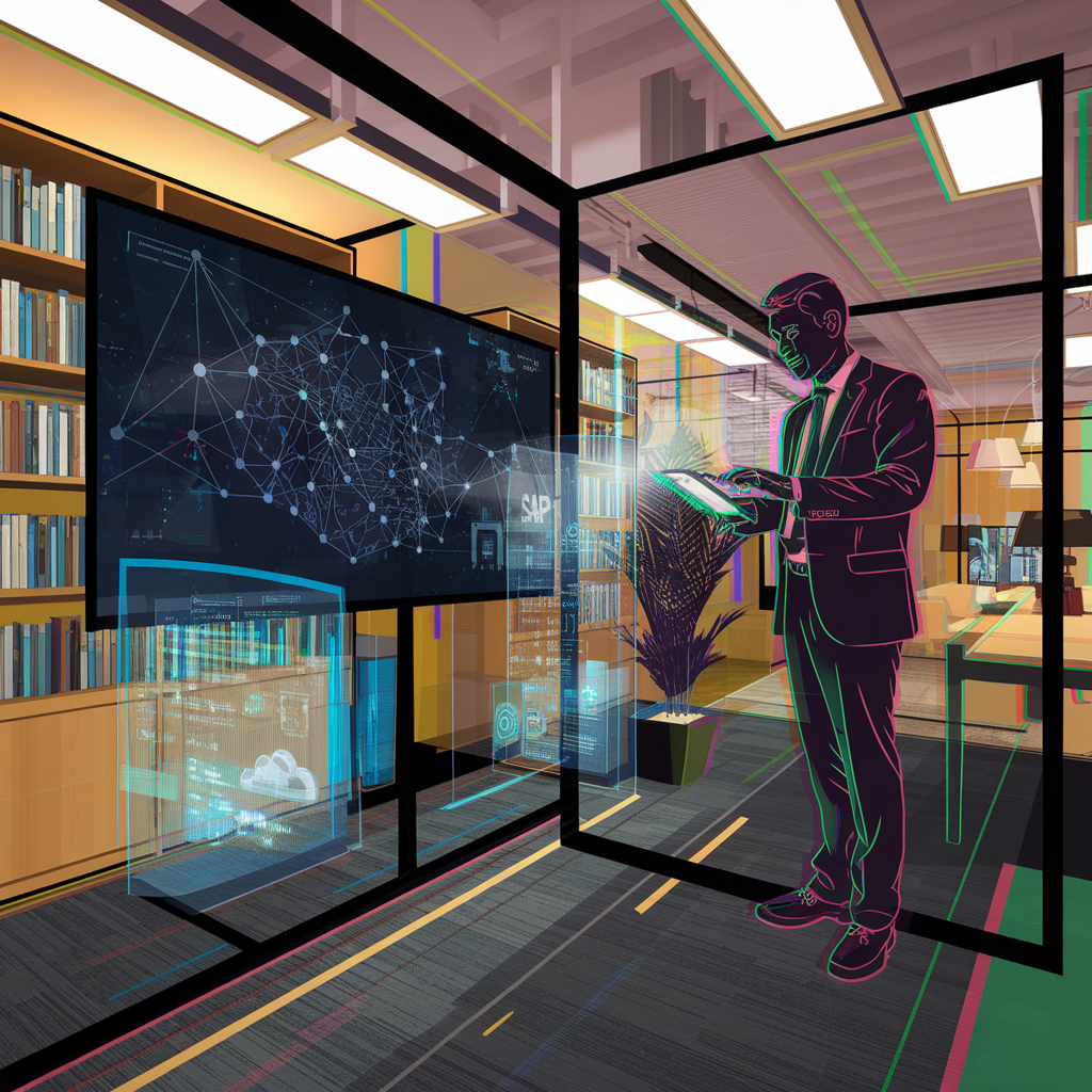 Mann in einem modernen Büro mit digitalen Displays und Diagrammen