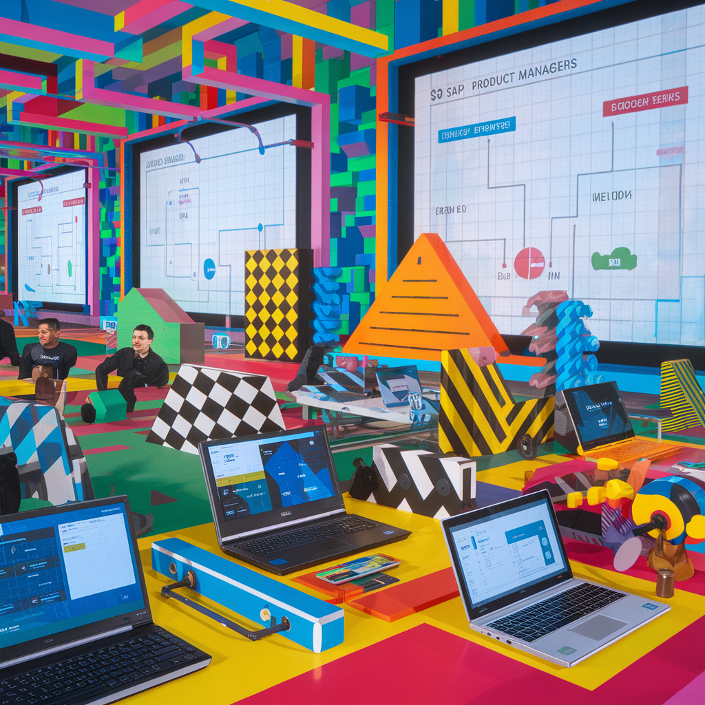 Büroumgebung mit bunten geometrischen Formen und Computerbildschirmen