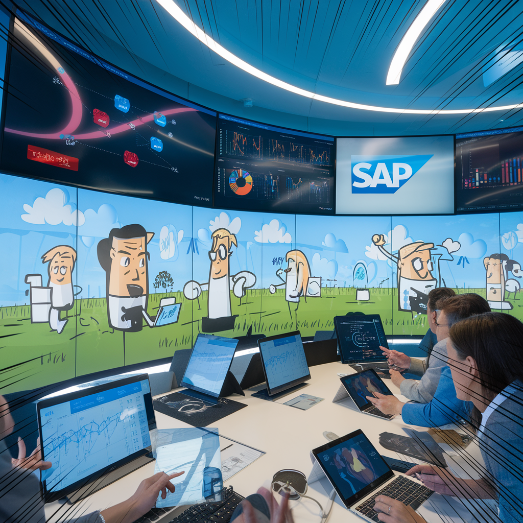 Büroumgebung mit digitalen Displays und SAP-Software