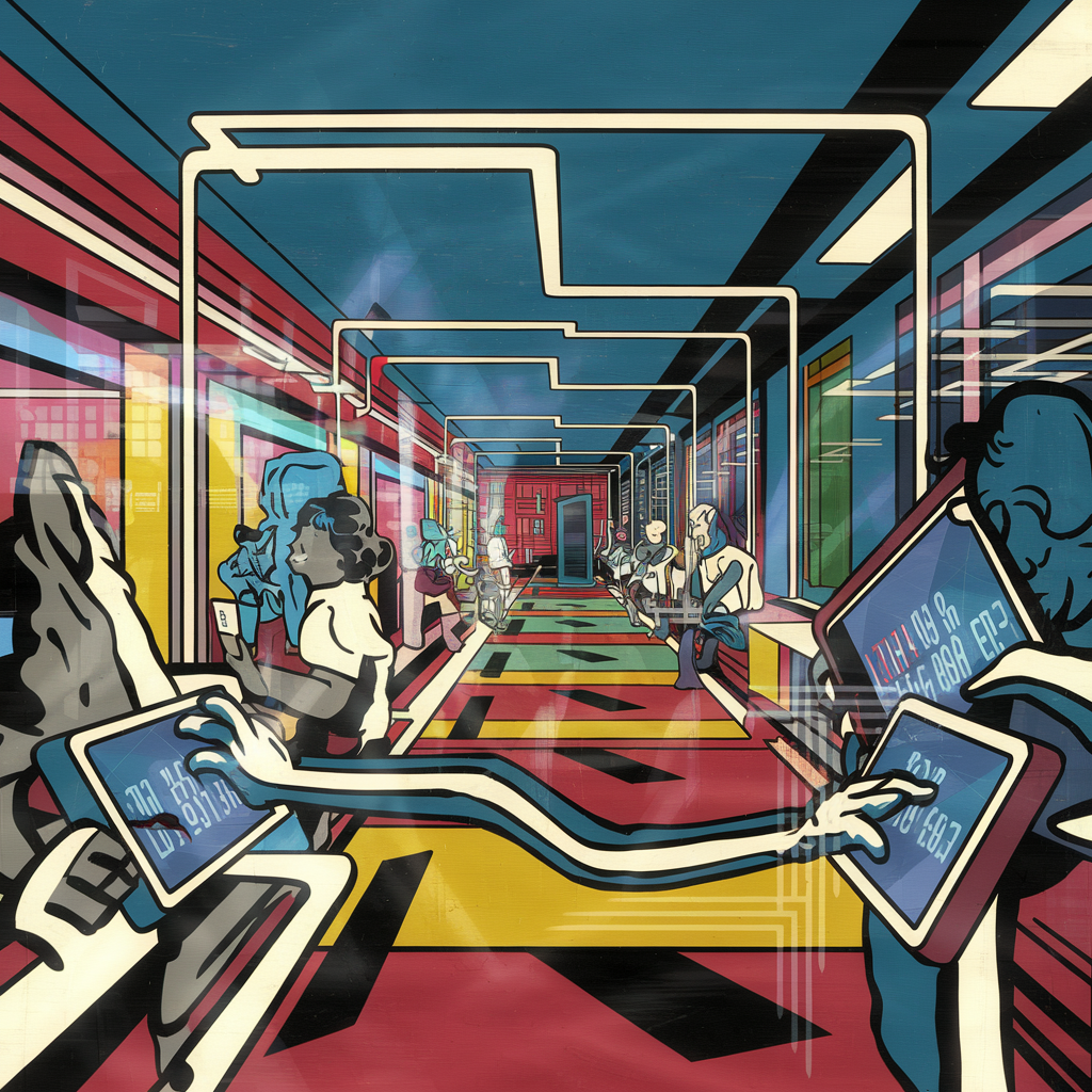 Abstraktes Gemälde von Personen mit Tablets in einem futuristischen Raum