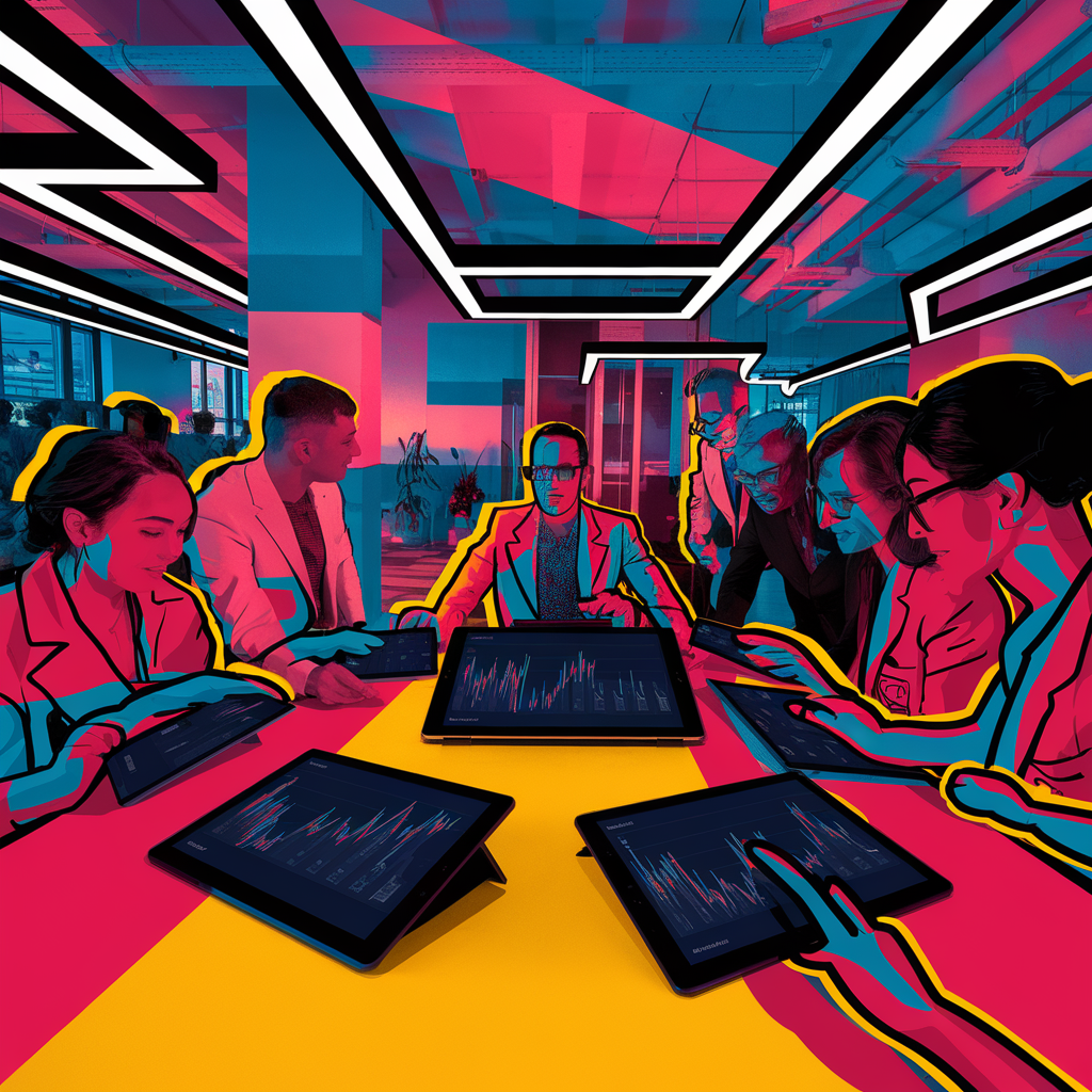 Menschen in einem Besprechungsraum mit Grafiktablets und Datenvisualisierungen