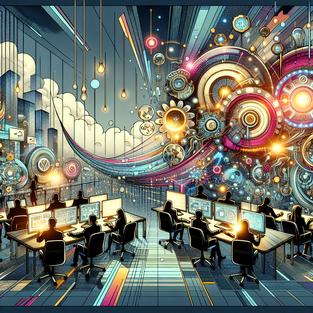 Illustration eines futuristischen Büros mit vielen Computern und digitalen Elementen an der Wand