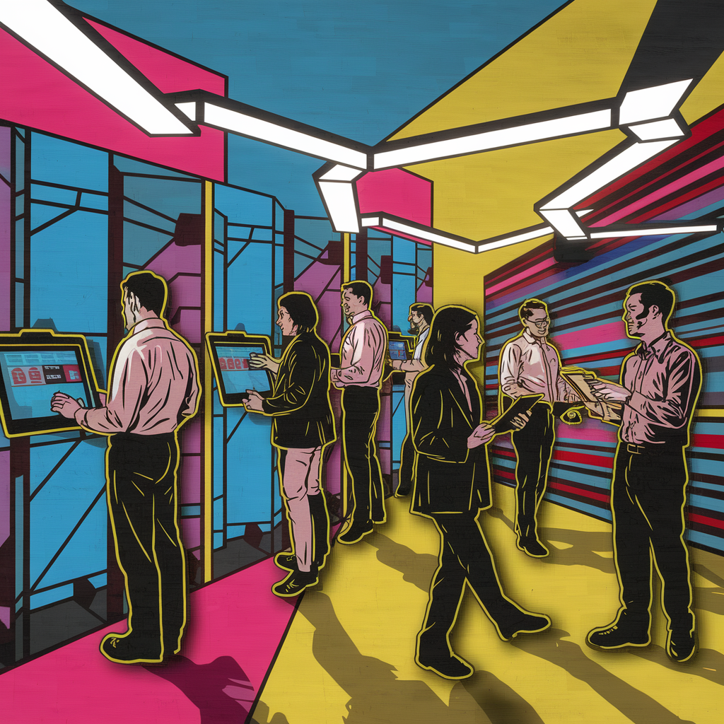 Illustration von Menschen, die interaktive Bildschirme in einem futuristischen Designraum nutzen