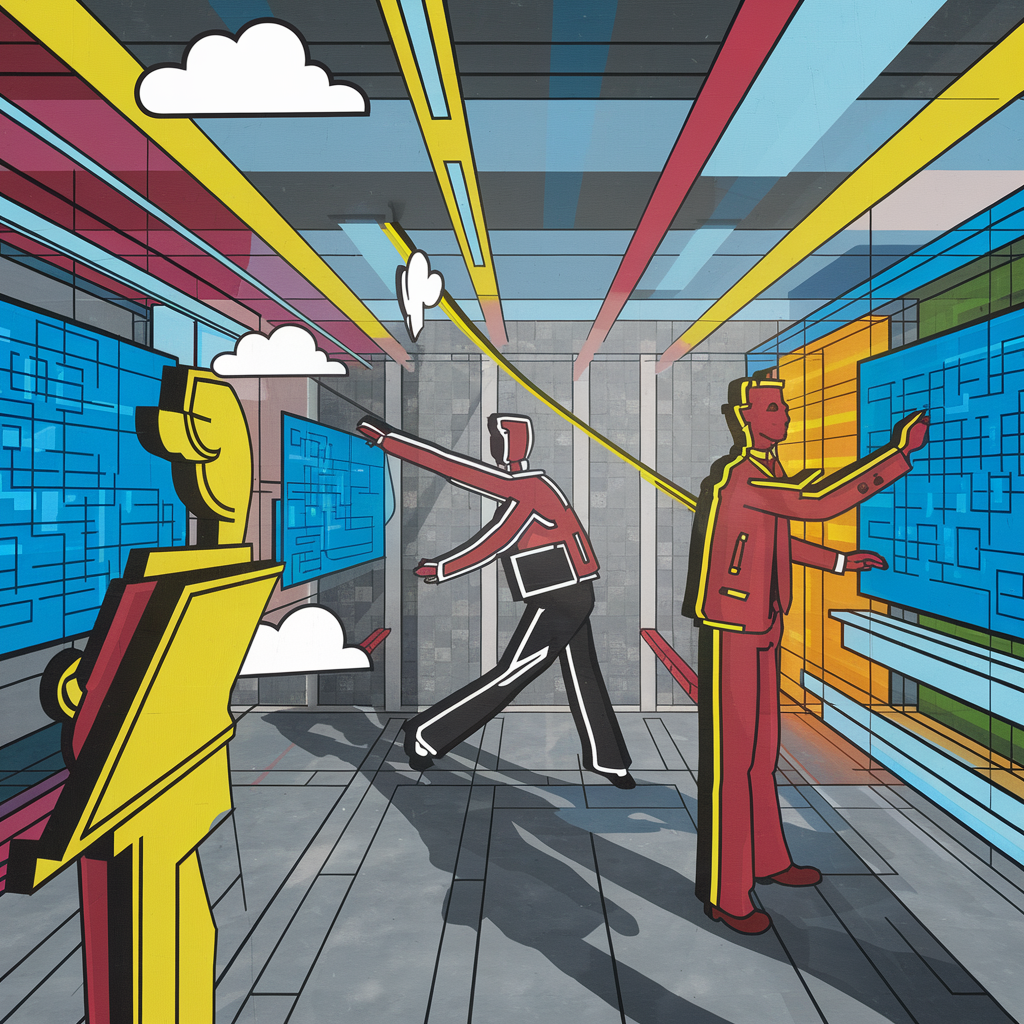 Abstrakte Darstellung von Menschen, die mit digitalen Bildschirmen interagieren.