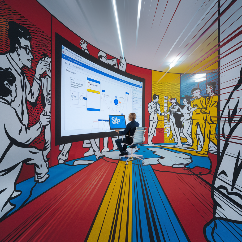 Person arbeitet an einem großen Bildschirm in einem Raum mit Comic-Wandkunst