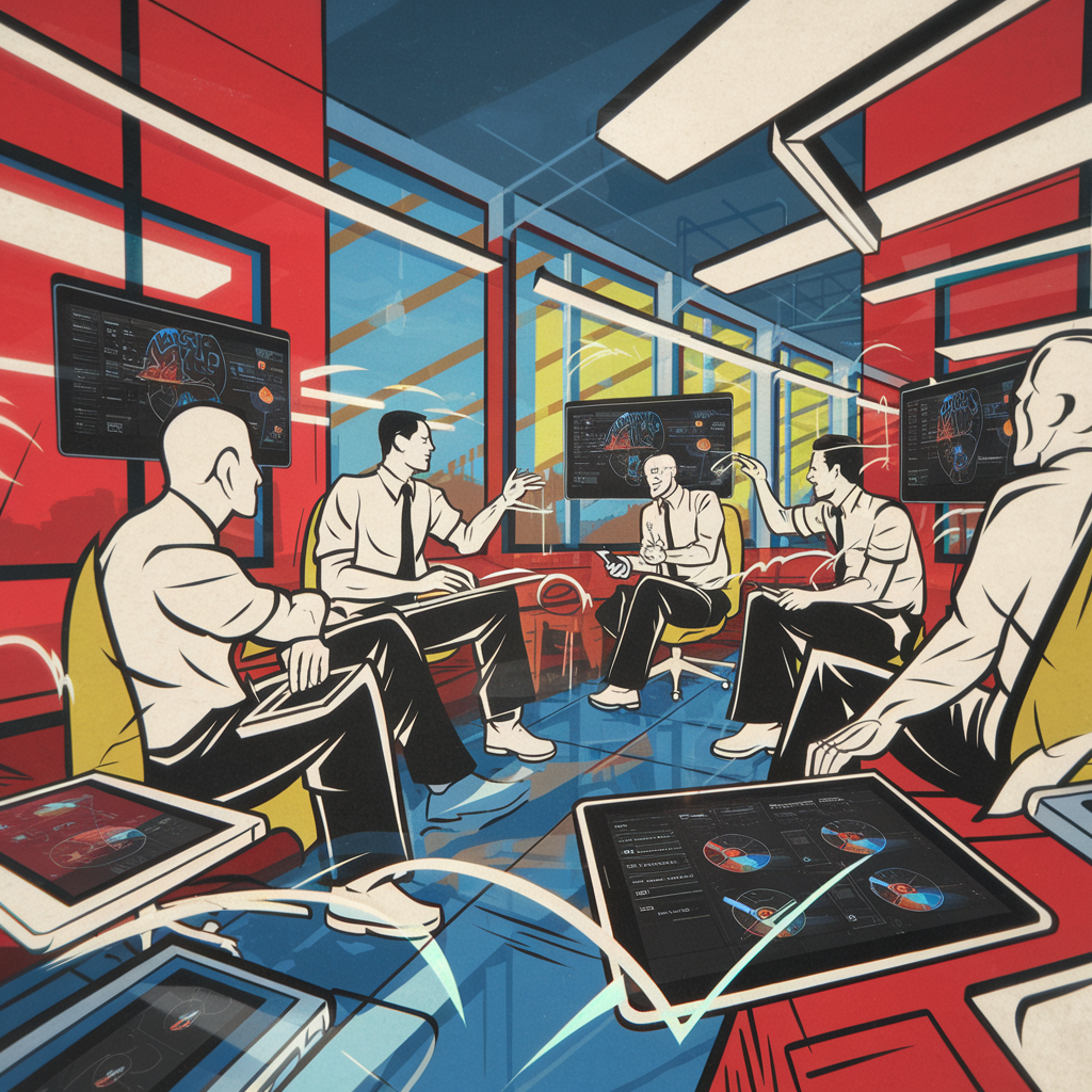 Illustration eines Geschäftstreffens mit fünf Personen in einem modernen Büro, mit Bildschirmen und Diagrammen.