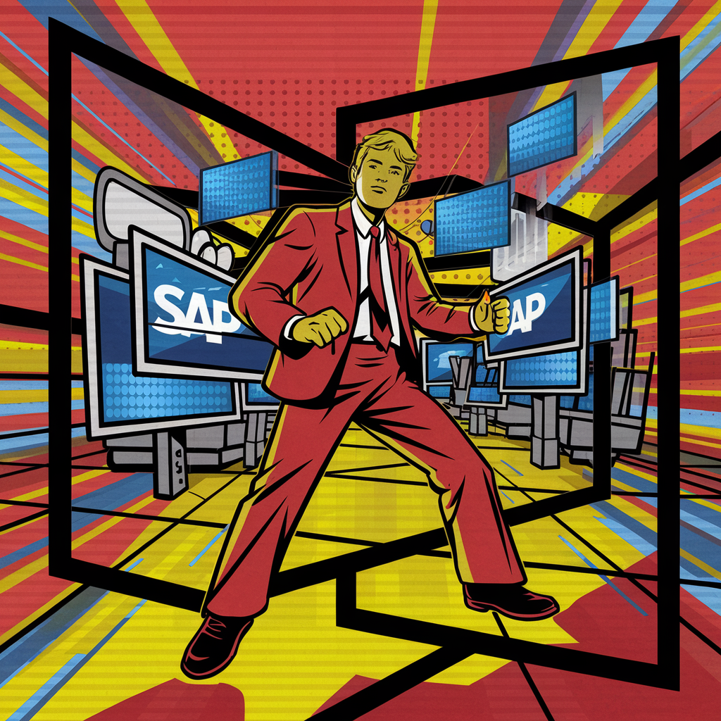 Pop-Art Illustration mit Person im Anzug vor SAP Bildschirmen
