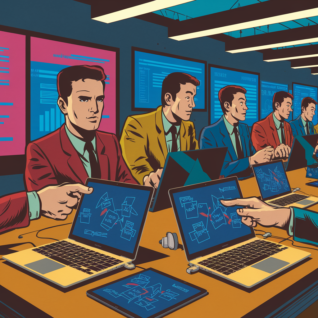 Illustration eines geschäftigen Büros mit mehreren Personen an Laptops, die an digitalen Projekten arbeiten.