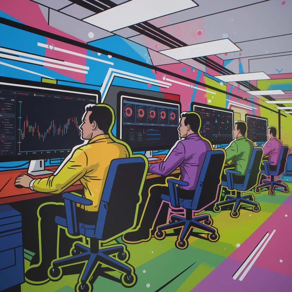 Buntes Büro mit mehreren Personen, die an Computern arbeiten.