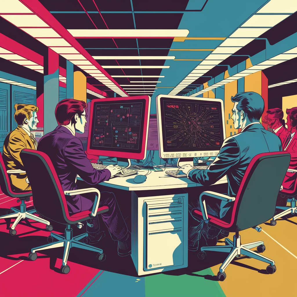 Illustration von Menschen in einem modernen Büro, die an Computern arbeiten