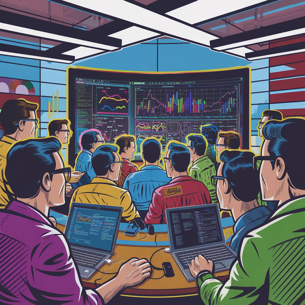 Gruppe von Menschen in einem Meeting, die auf Bildschirme mit digitalen Diagrammen und Daten schauen.
