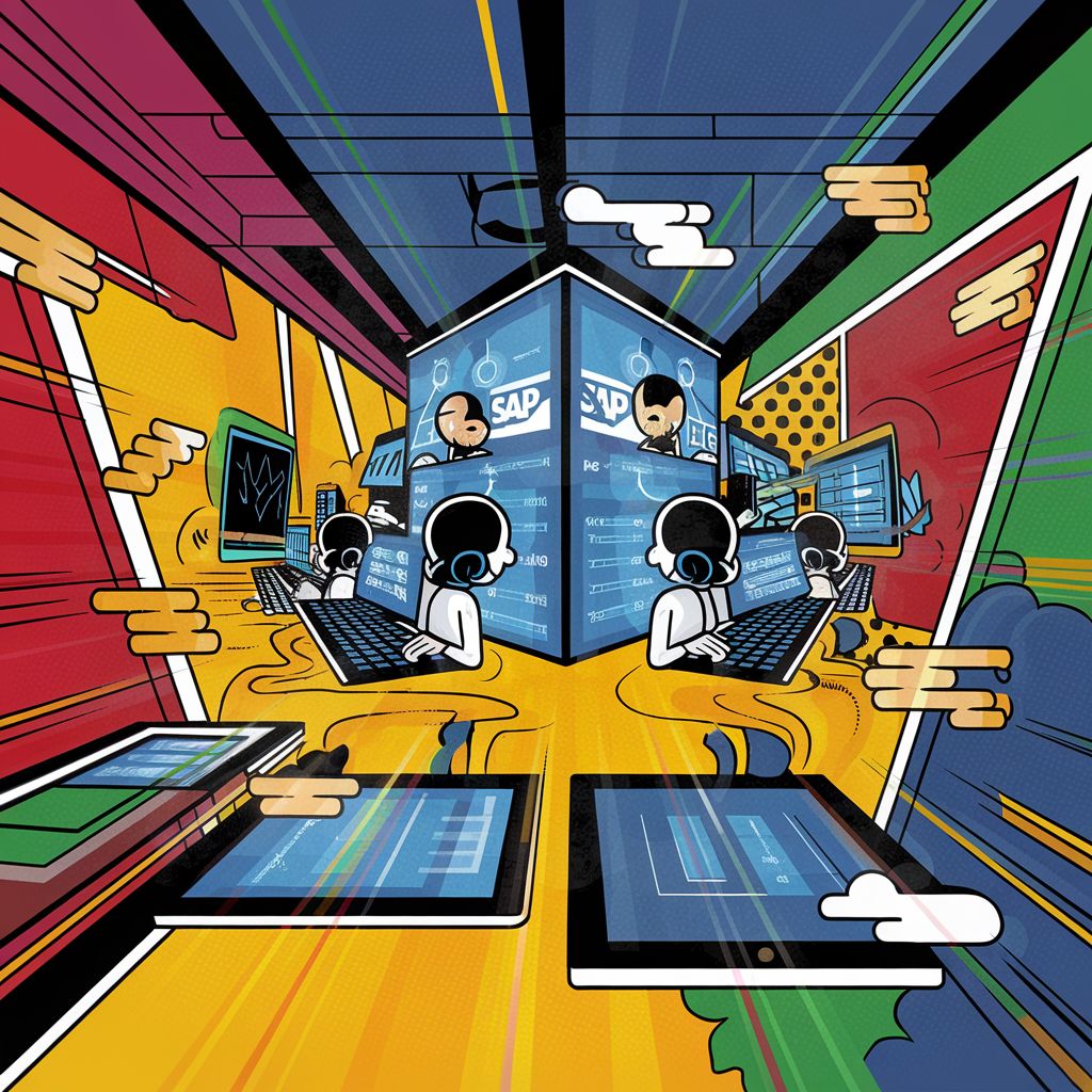 Illustration von Menschen an Computern in einem modernen Büro mit technologischem Thema