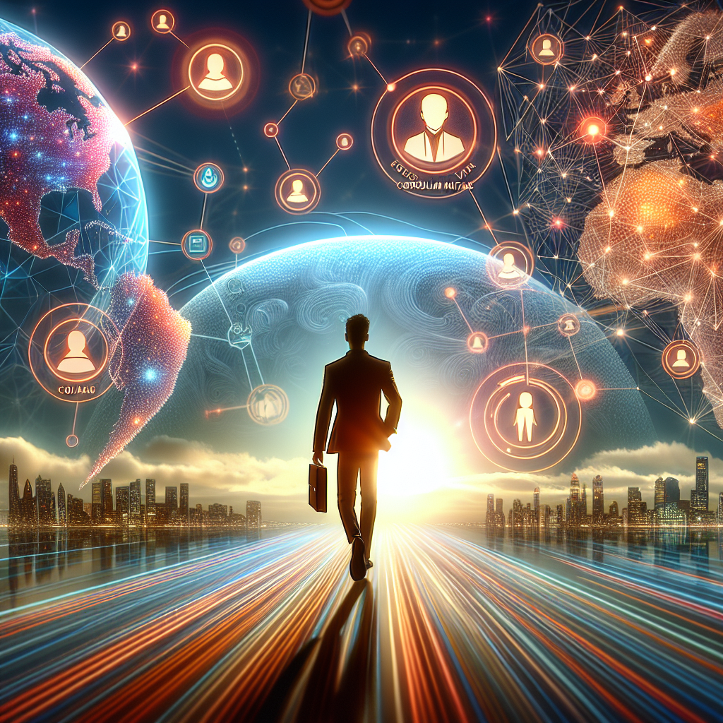 Mann im Anzug geht mit Laptop in eine futuristische Stadt, umgeben von vernetzten digitalen Globussen und Profil-Icons