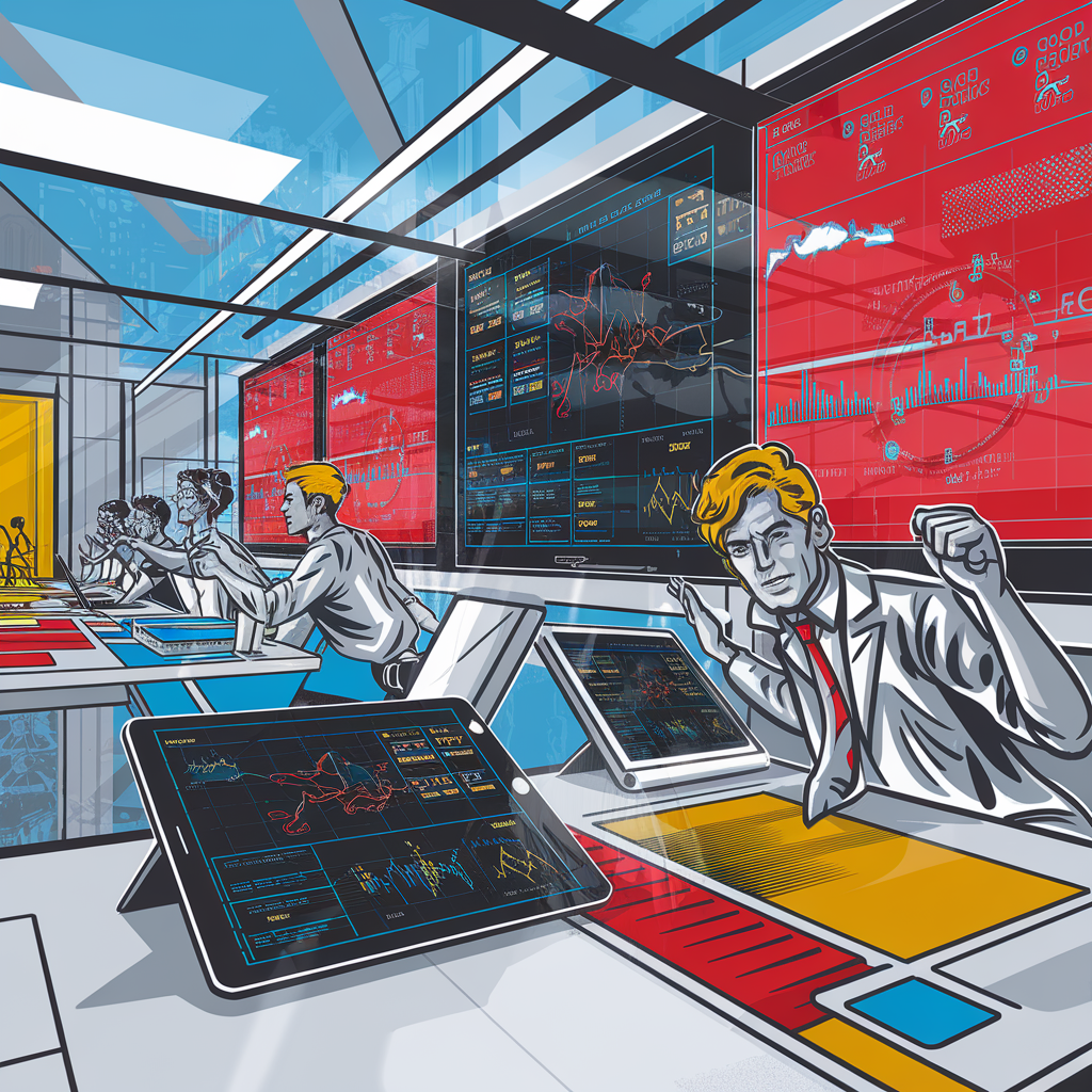 Illustration eines modernen Büros mit Mitarbeitern an Hightech-Computern und großen Datenbildschirmen.