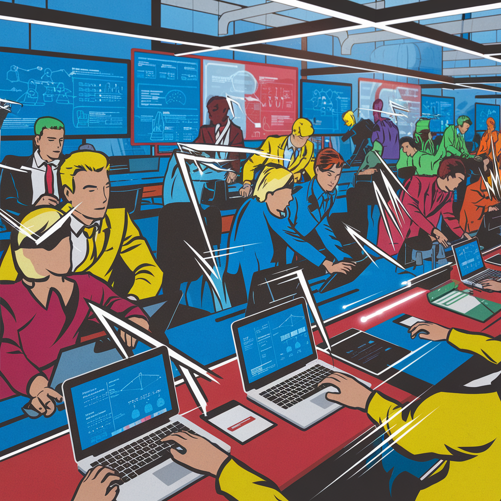 Comic-Stil Grafik eines geschäftigen Kontrollzentrums mit mehreren Mitarbeitern und Computern