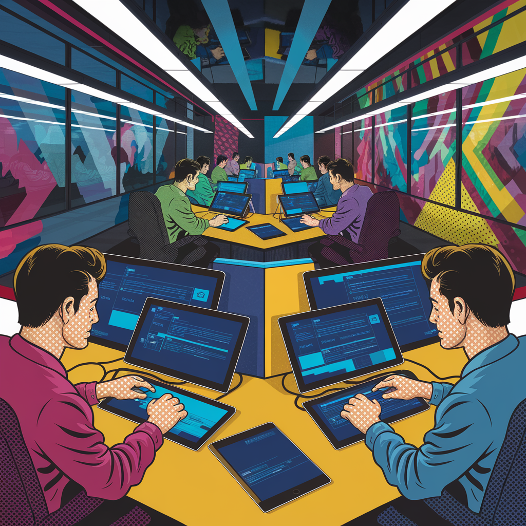 Team von Programmierern arbeitet in einem modernen Büro mit Tablets und Laptops