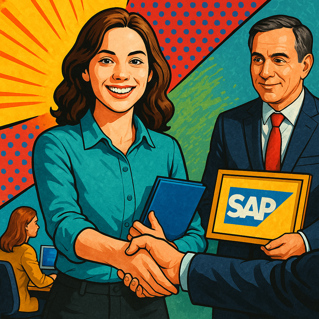 Illustration einer Frau, die einem Geschäftsmann die Hand schüttelt, während sie ein Buch hält. Im Hintergrund ist ein weiteres Paar zu sehen, das an Laptops arbeitet, sowie das SAP-Logo in einem Rahmen.