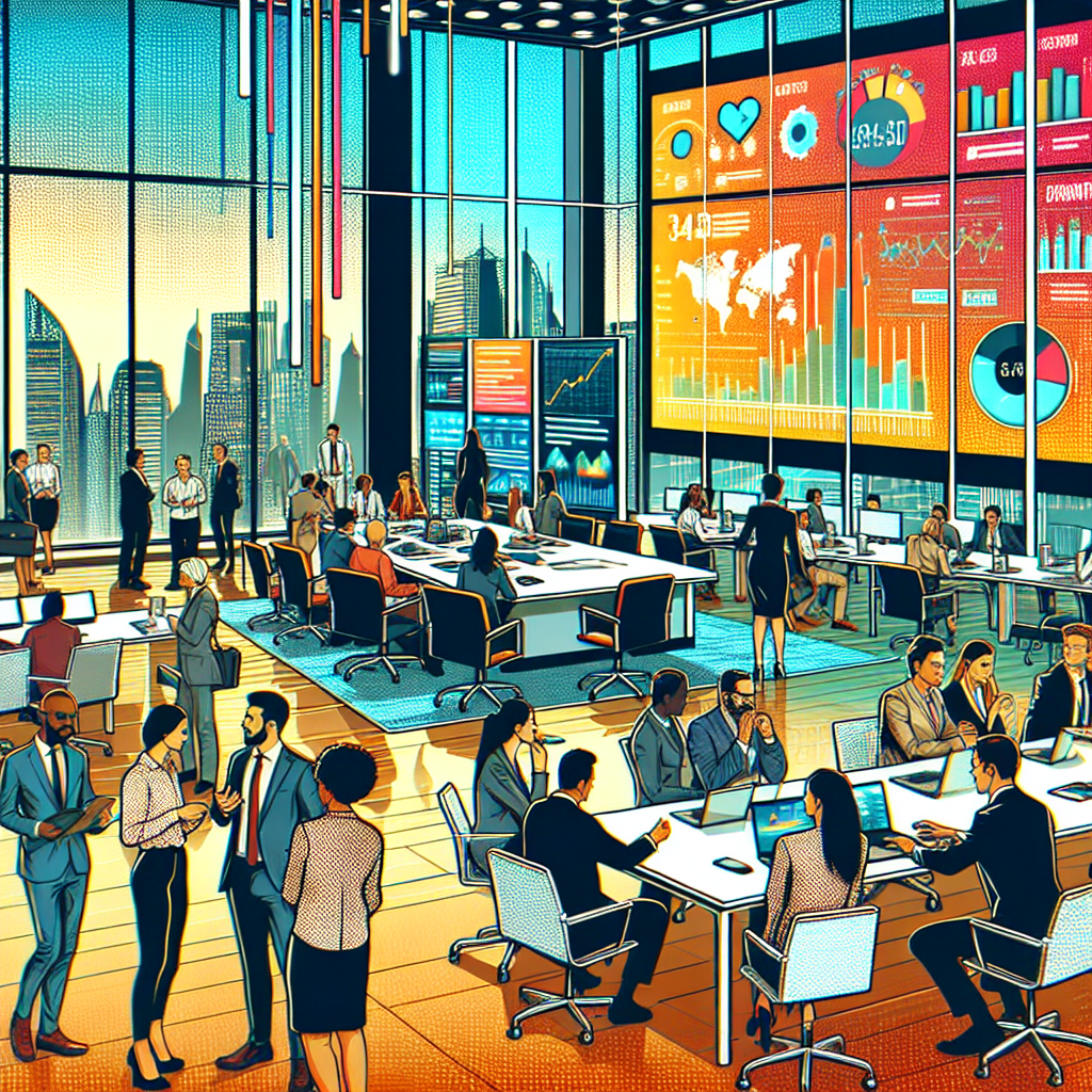 Menschen in einem modernen Büro arbeiten und besprechen sich vor großen Datenbildschirmen