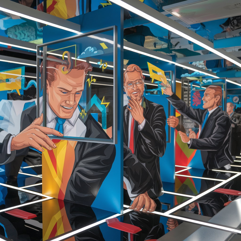 Gemälde von Männern in Anzügen in einem bunten, geometrischen Raum