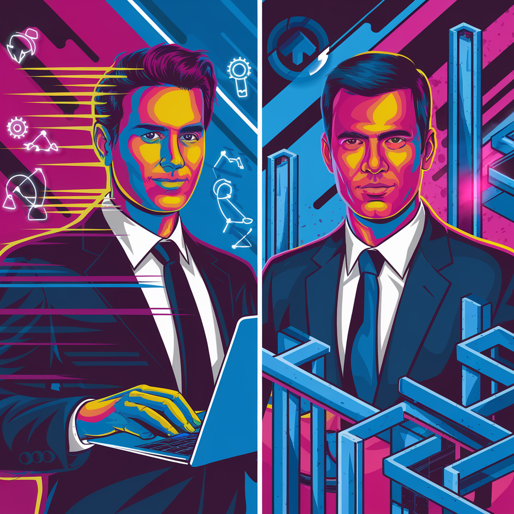 Zwei stilisierte Geschäftsmänner in bunten Anzügen mit einem Laptop und abstrakten Formen.