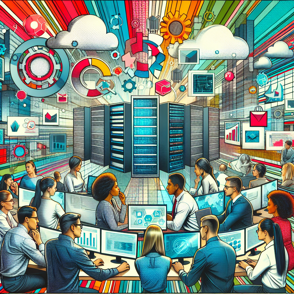 Eine diverse Gruppe von Menschen arbeitet an Computern, umgeben von Servern und digitaler Technologie, die Vernetzung und Zusammenarbeit symbolisieren