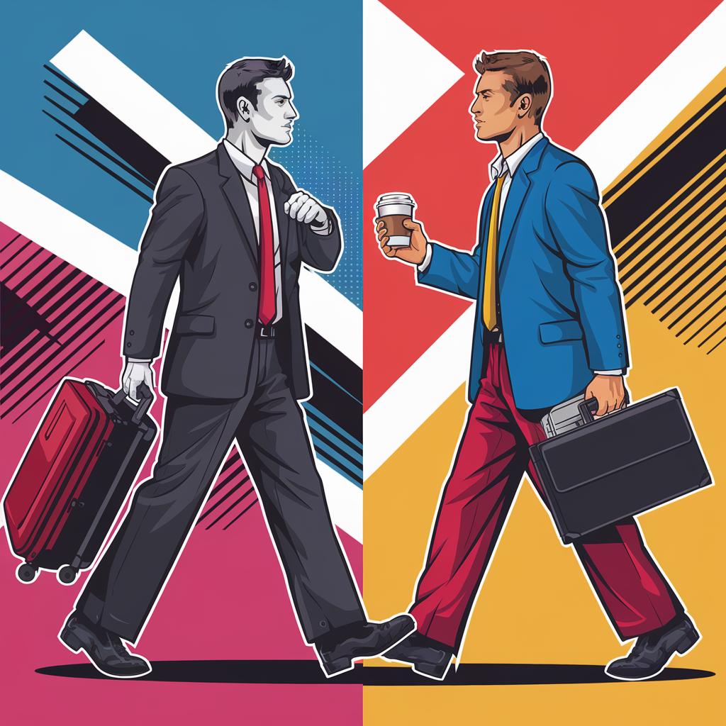 Zwei stilvolle Geschäftsmänner gehen in entgegengesetzte Richtungen, einer in einem dunklen Anzug mit rotem Aktenkoffer, der andere in einem blauen Sakko mit Kaffeetasse.
