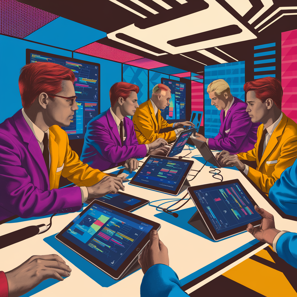 Illustration von Programmierern in bunten Anzügen, die an Tablets und Laptops in einem modernen Raum arbeiten