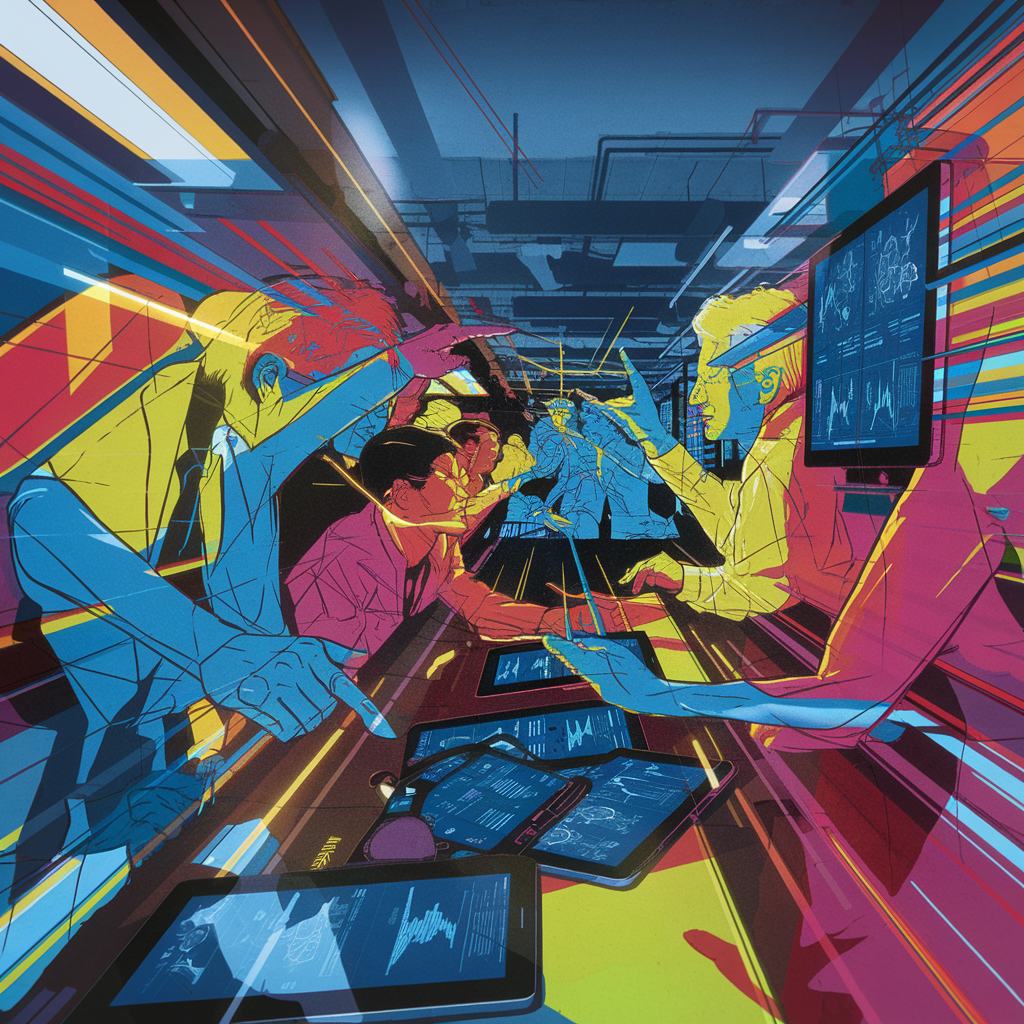 Illustration von Menschen in einem dynamischen Büro mit Tablets und Bildschirmen.