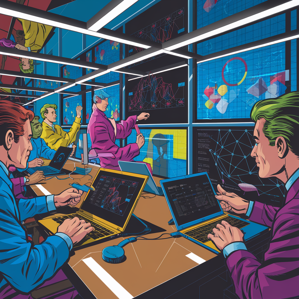 Analytiker, die an Computern arbeiten, umgeben von großen Bildschirmen mit Datenvisualisierungen in einem modernen Kontrollraum.