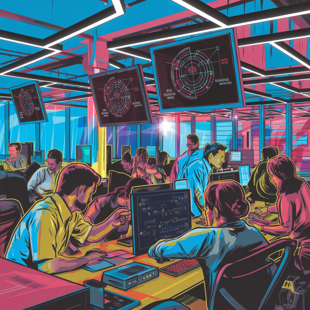 Menschen arbeiten in einem bunten, futuristischen Büro mit Bildschirmen.