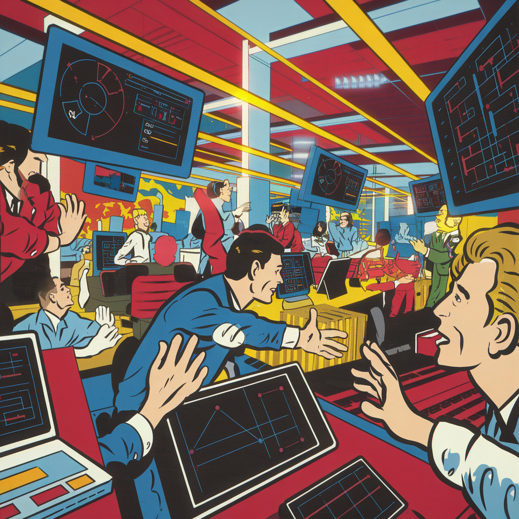 Farbenfrohe Comic-Darstellung eines geschäftigen Büros mit mehreren Personen an Computern.