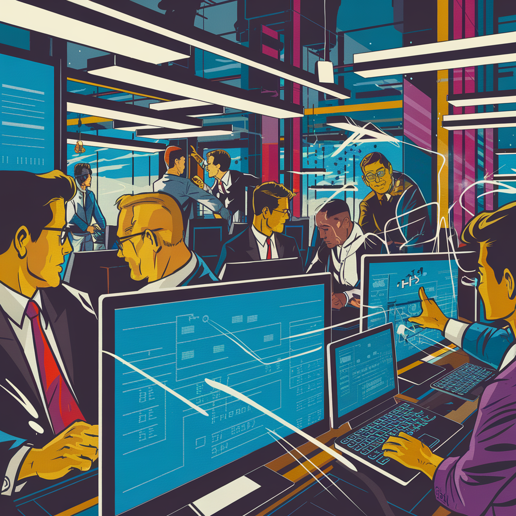 Illustration eines modernen Büros mit mehreren Personen an Computern