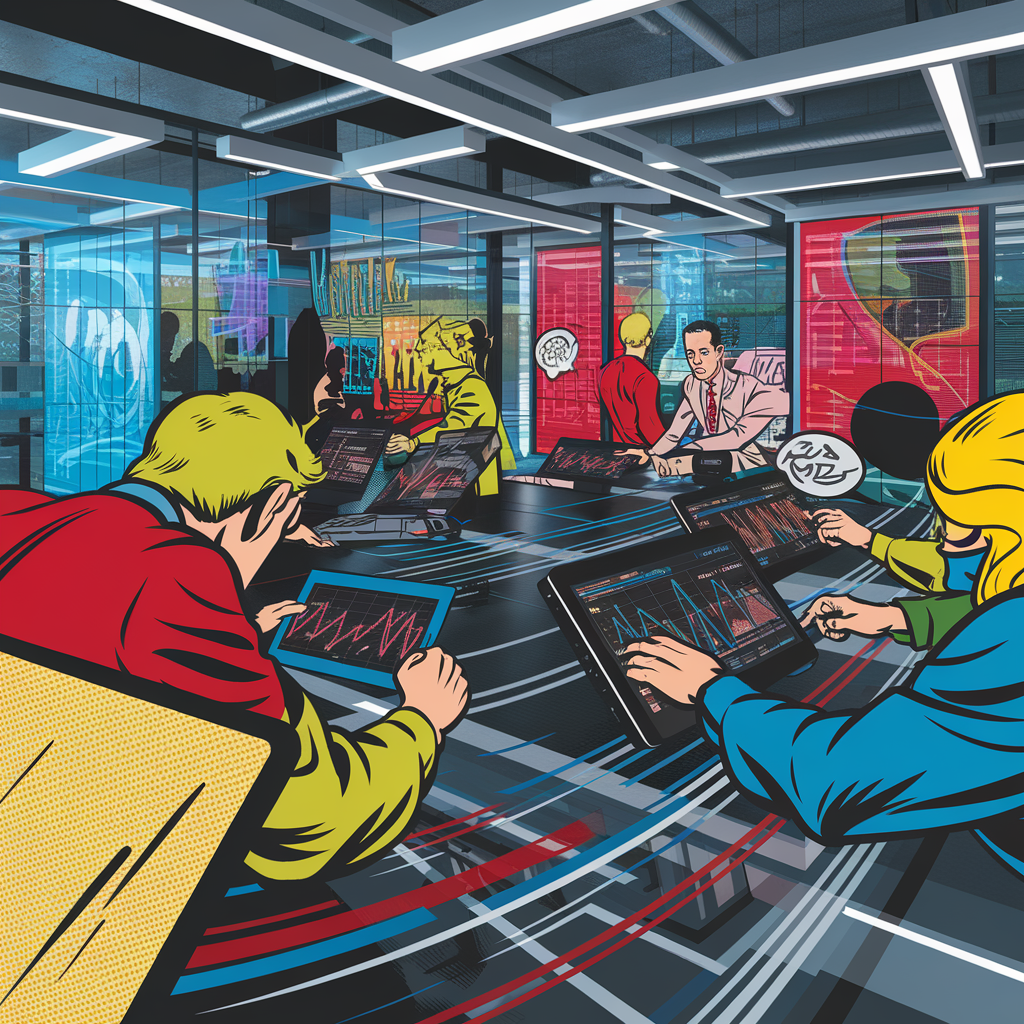 Pop-Art-Büroszene mit Menschen, die digitale Geräte nutzen