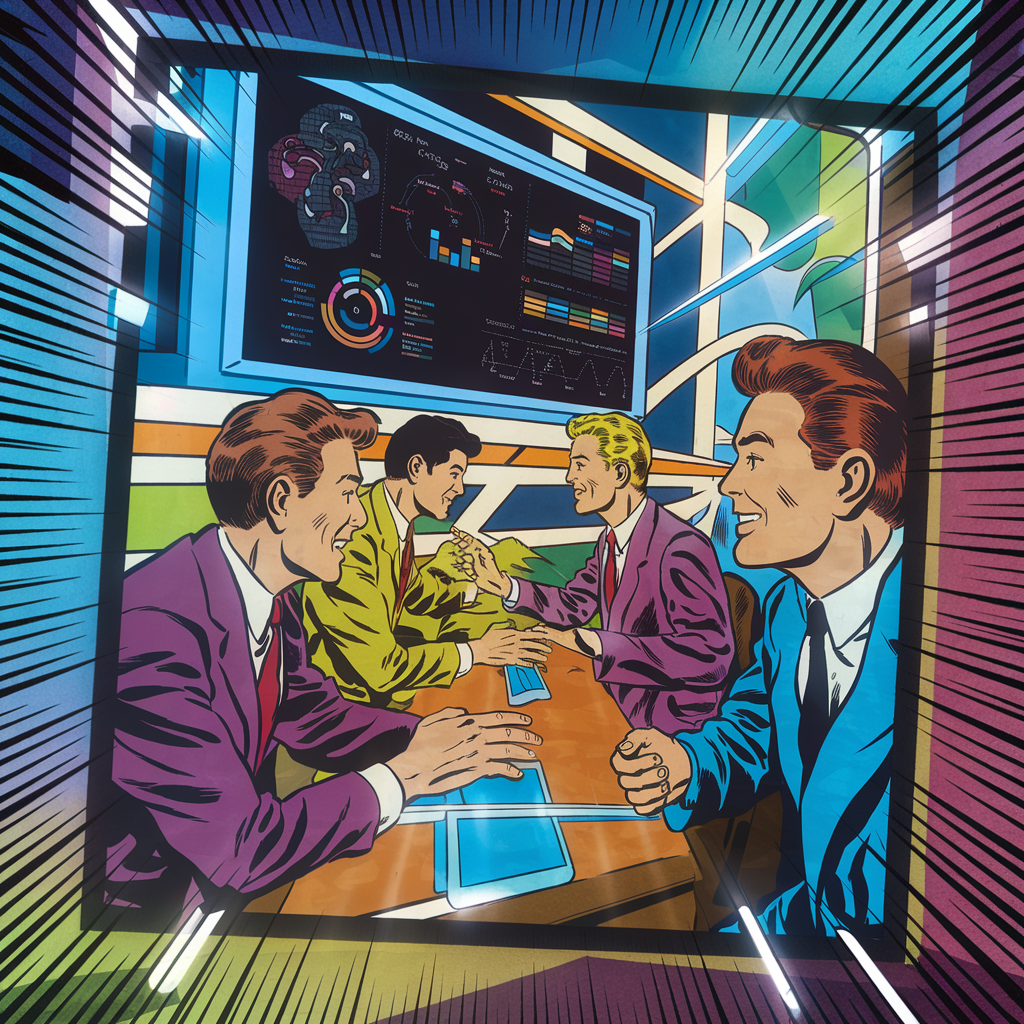 Comic-Stil Illustration von vier Männern in Anzügen, die ein Geschäftsmeeting abhalten.