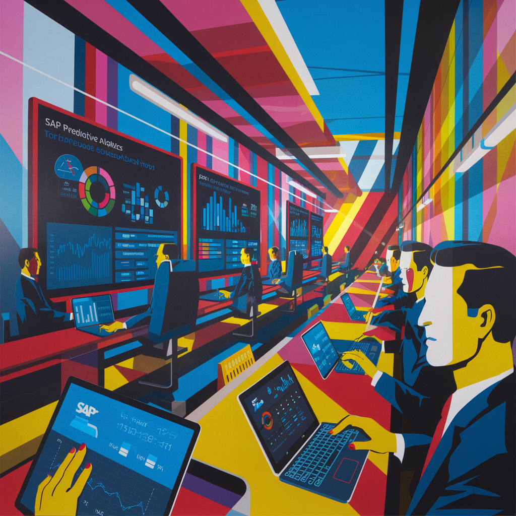 Illustration von Menschen, die an Computern arbeiten, umgeben von großen Bildschirmen mit Datenanalysen.