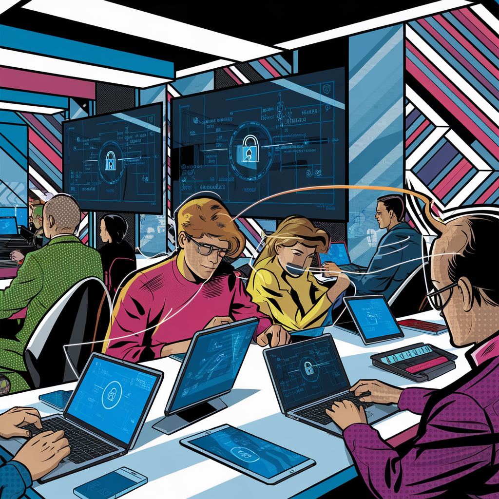 Menschen arbeiten an Computern mit Sicherheitssoftware in einem modernen Büro.