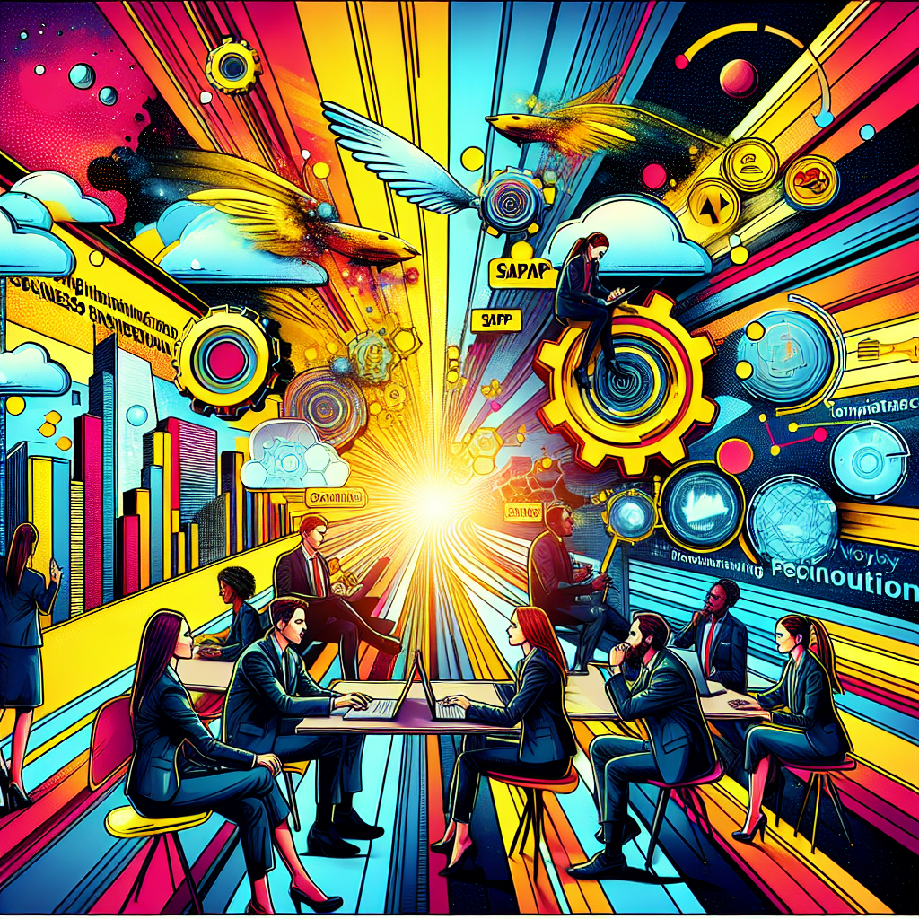 Buntes Business-Meeting mit Technologie- und Kommunikationssymbolen.